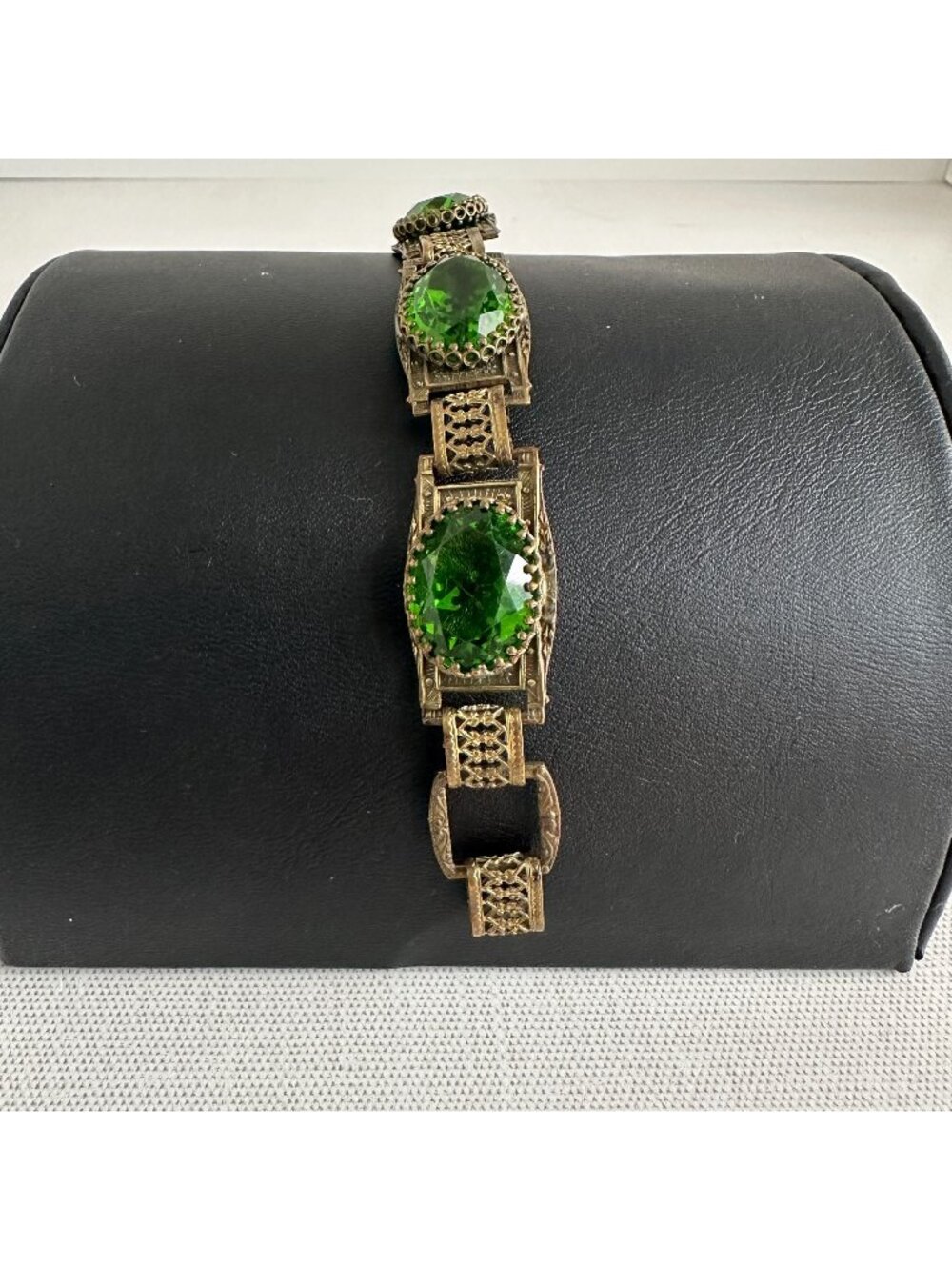 1920s-30s Czech Brass Filigree Bracelet, Emerald Green Faceted Glass Panel Links